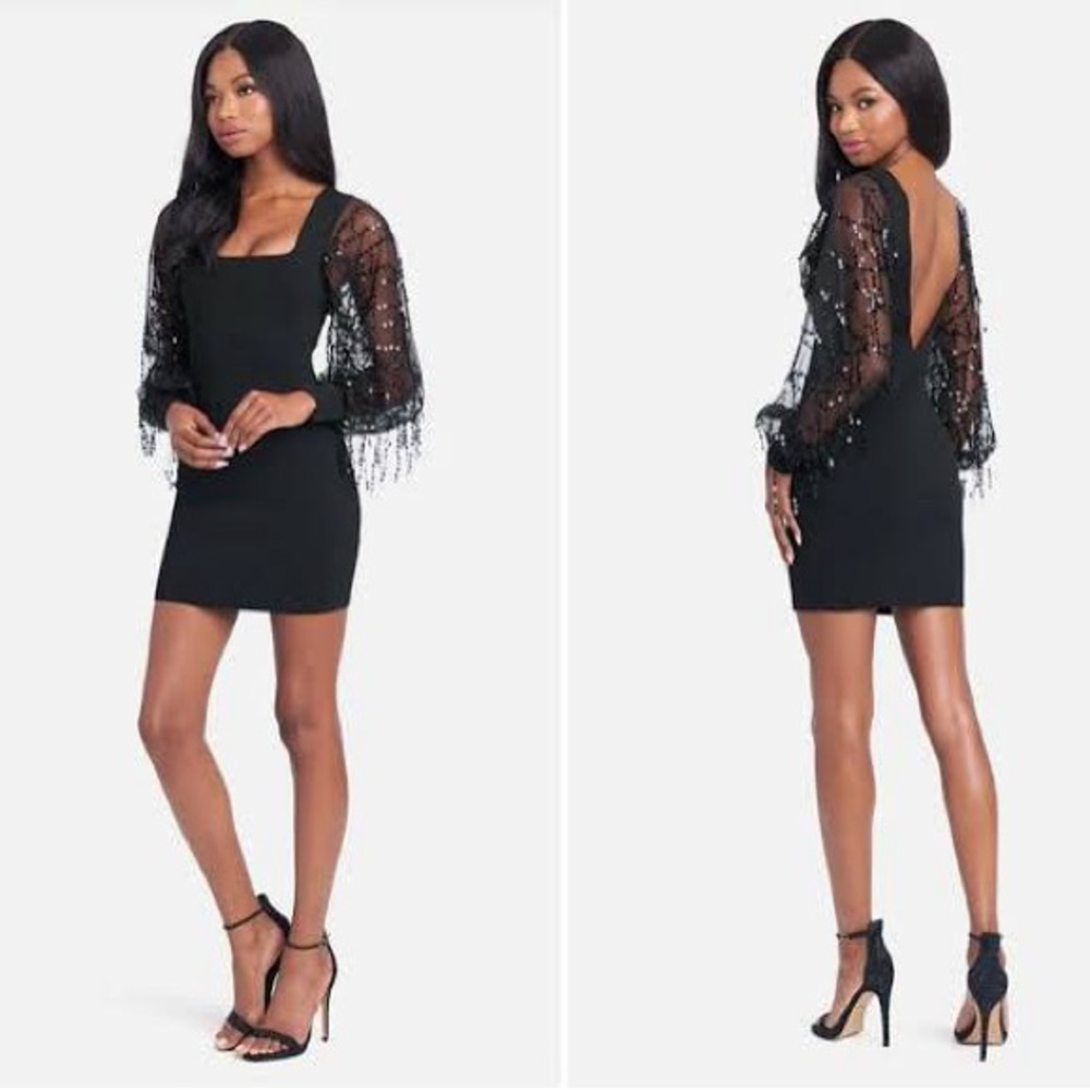 Bebe Black Bodycon Dress with Sheer Sequins Long Sleeves Holiday Party Size S